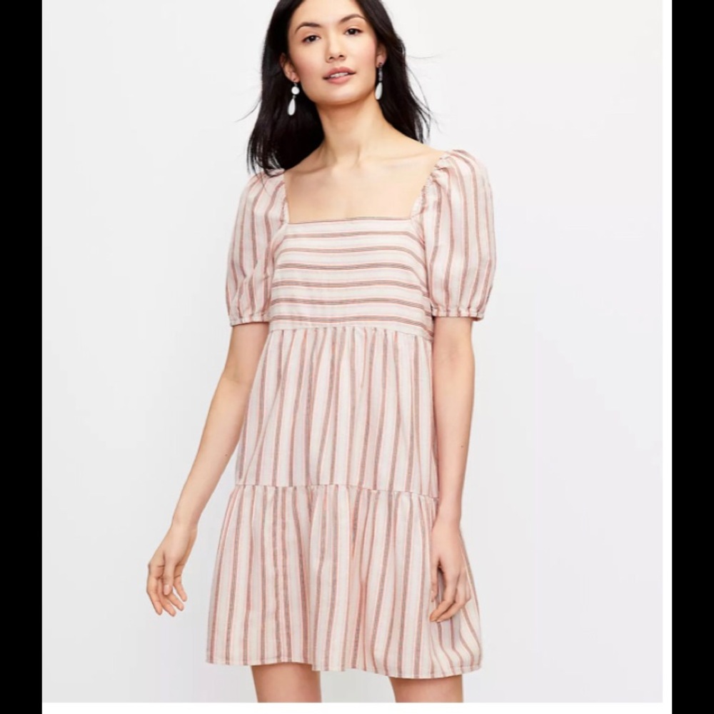 LOFT Striped Square Neck Puff Sleeve Dress